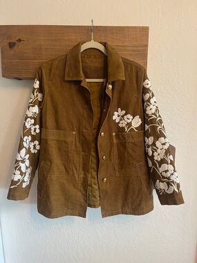 Tory Burch Brown Corduroy Jacket with White Floral Embroidered Sleeves